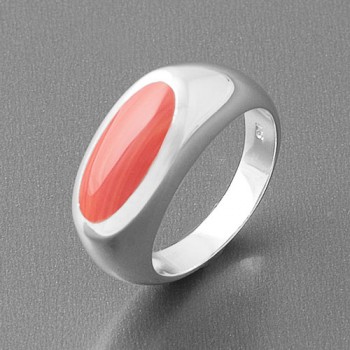 Ring Silber oval Koralle rot, Größe 56