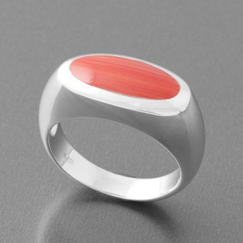 Ring Silber oval Koralle rot, Größe 54